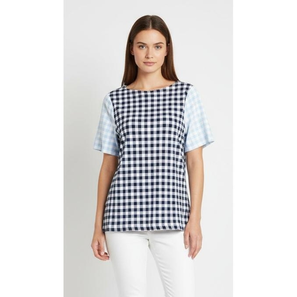 Charter Club Navy Blue White Gingham Boat Neck Mixed Print Top Size Medium
